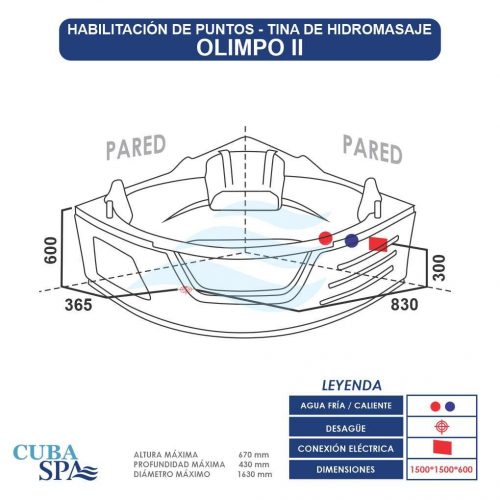 Tina Hidromasaje Esquinero – OLIMPO II 150*150*43 Equipamiento Basico